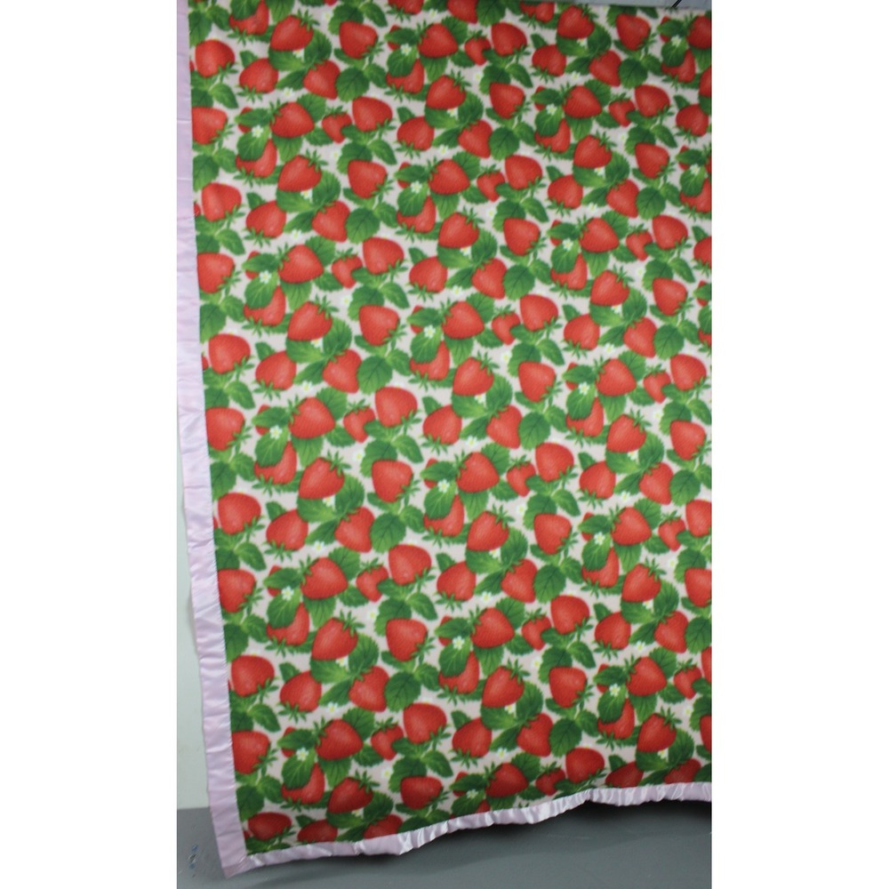 Strawberry Print Fleece Blanket Pink Satin Trim Throw Cottagecore Handmade 80x60